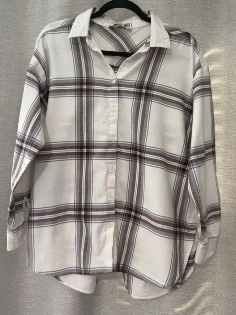 LOFT Women’s Plaid Flannel Button Down Shirt Cream Brown 100% Cotton M